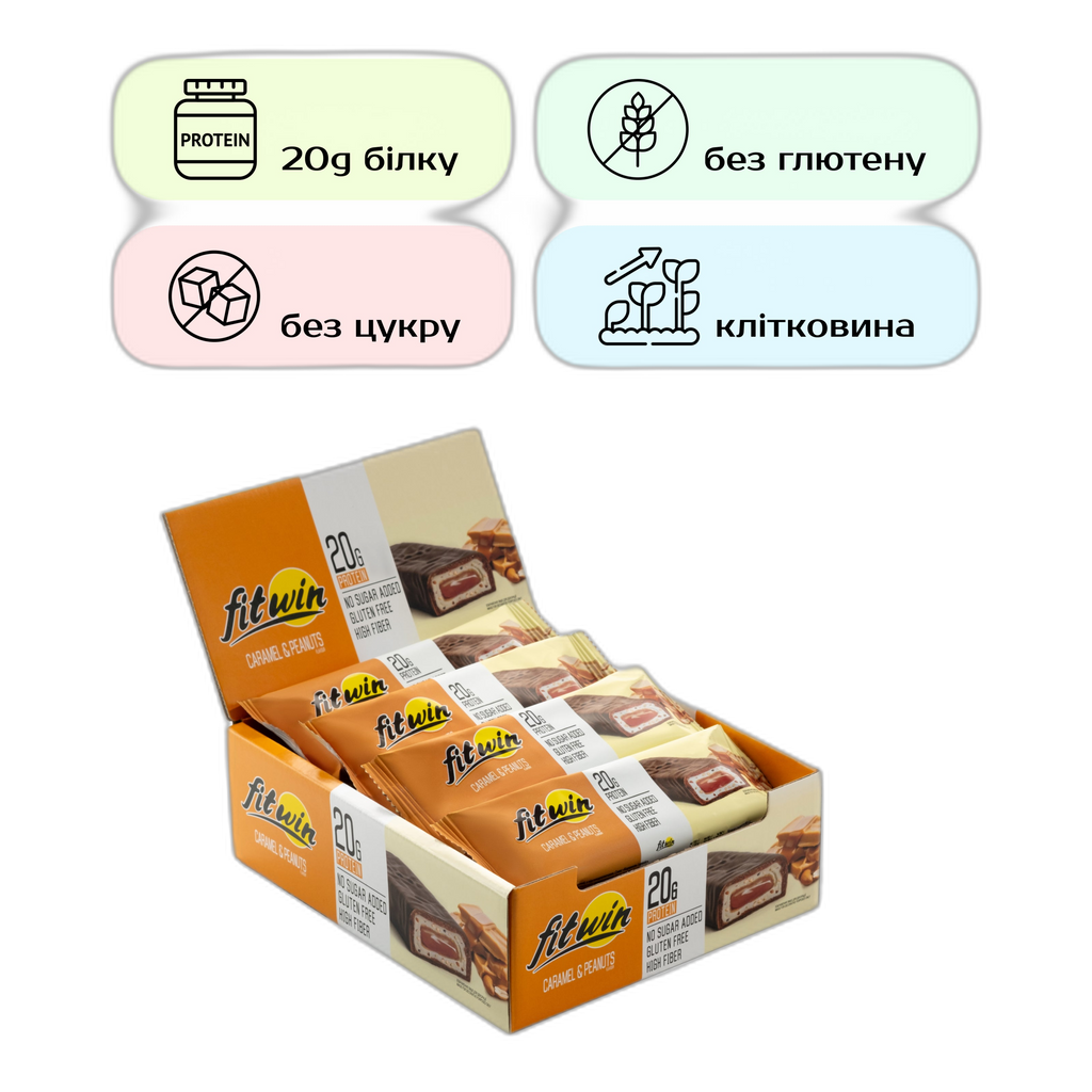 FitWin Протеїновий батончик Карамель-арахіс 60 г - 12 штук - FitWin