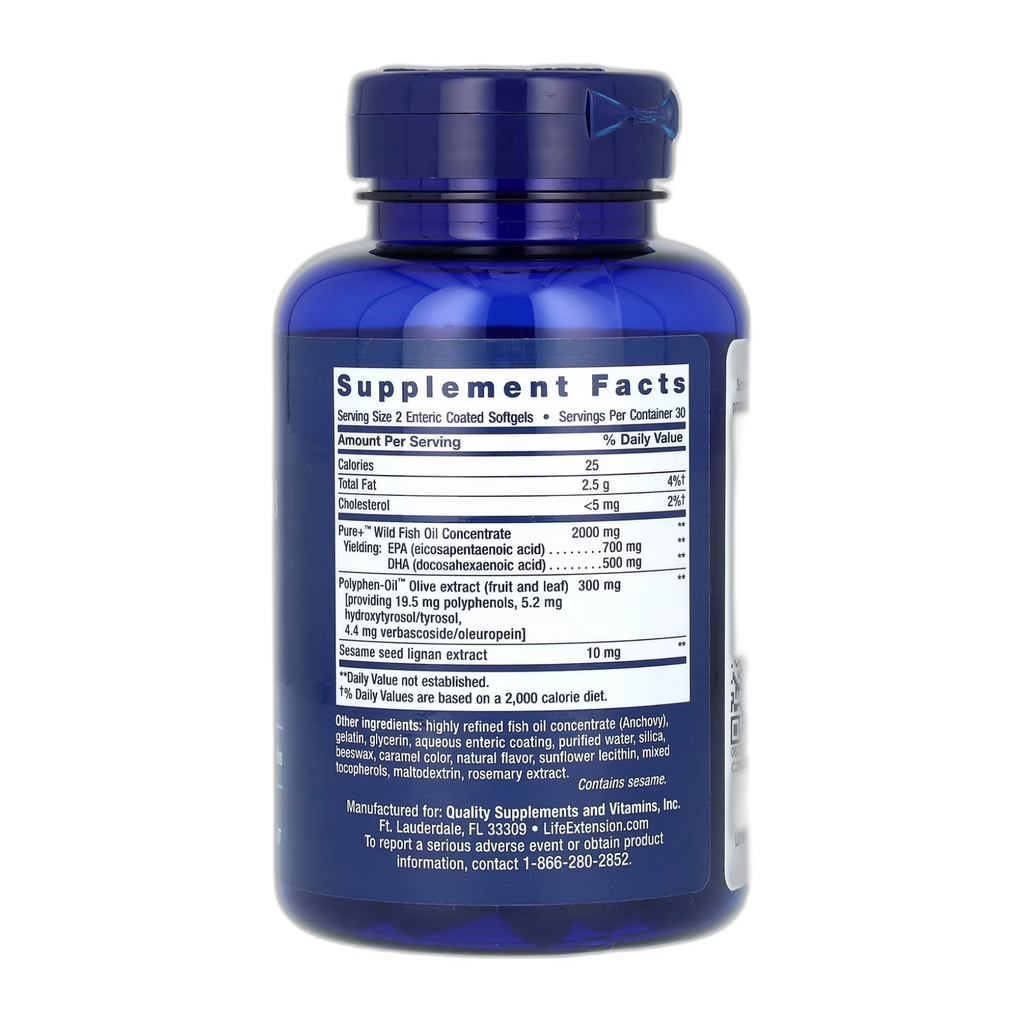 Super Омега-3 EPA/DHA Риб'ячий жир Sesame Lignans та Olive Екстракт Enteric Coated - 60 капсул - Life Extension