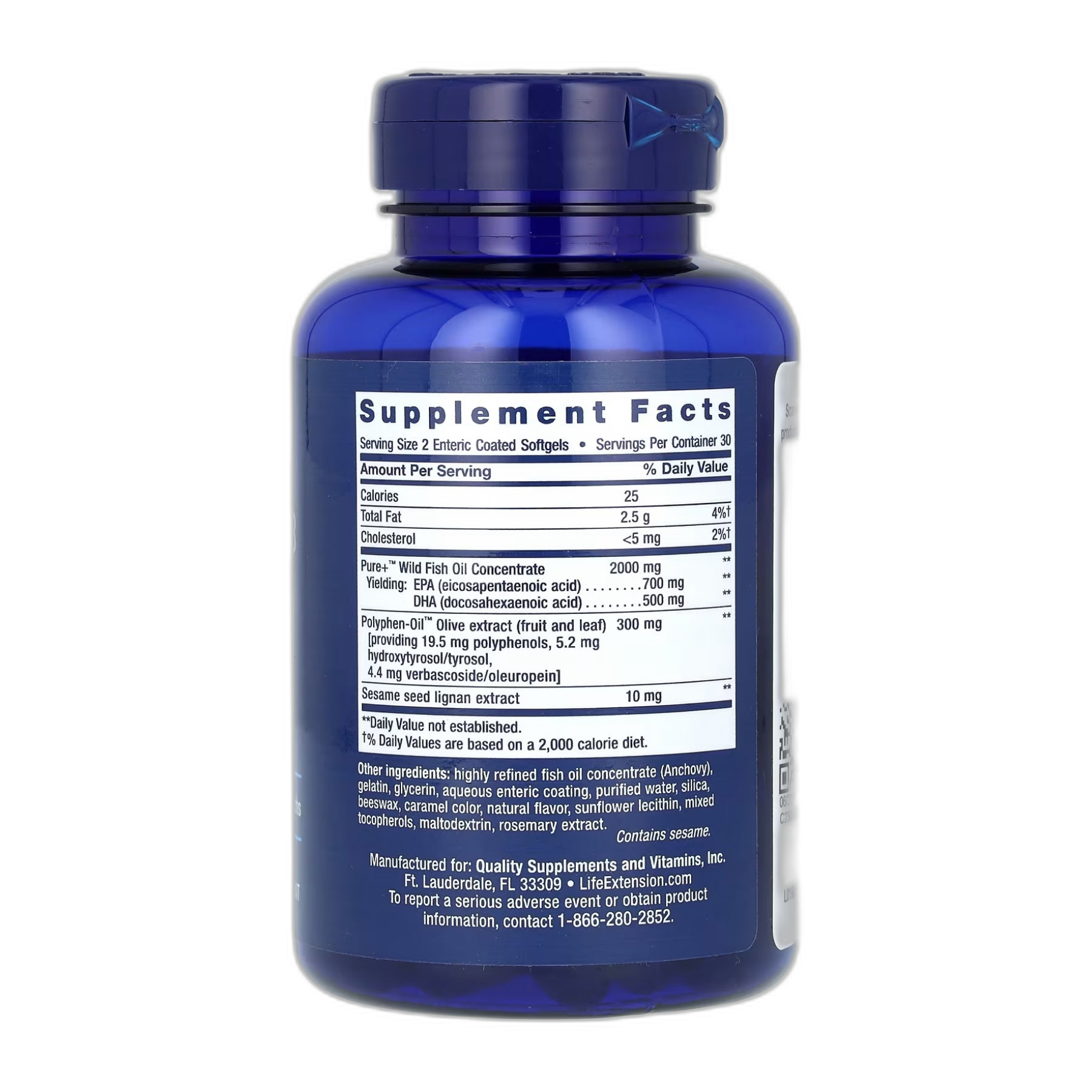Super Омега-3 EPA/DHA Риб'ячий жир Sesame Lignans та Olive Екстракт Enteric Coated - 60 капсул - Life Extension
