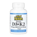 Вітамін D3 та K2 25 мкг (1000 МО) та 120 мкг - 120 капсул - Natural Factors
