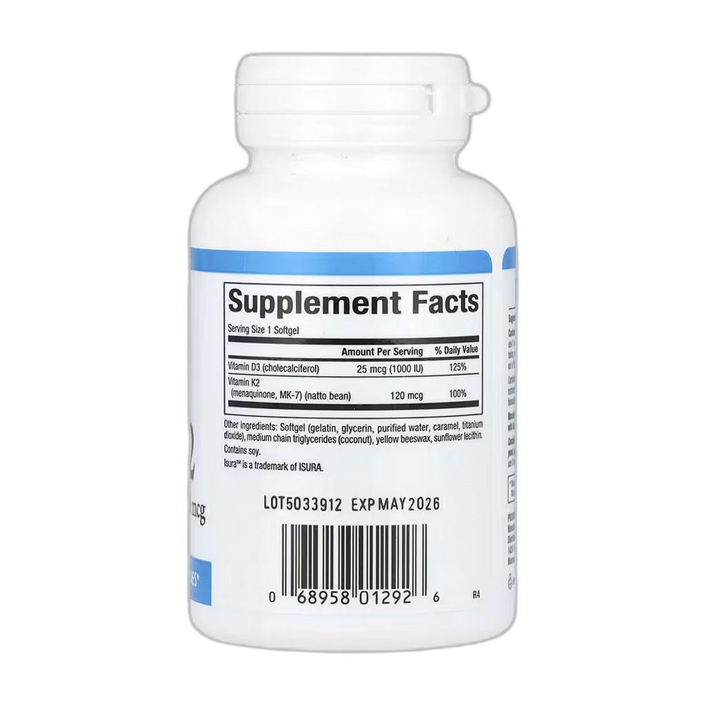 Вітамін D3 та K2 25 мкг (1000 МО) та 120 мкг - 120 капсул - Natural Factors