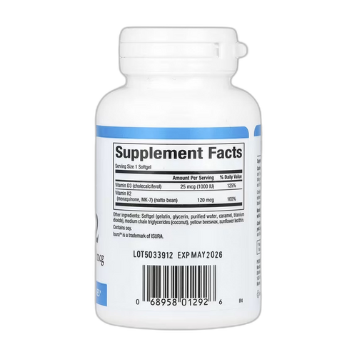 Вітамін D3 та K2 25 мкг (1000 МО) та 120 мкг - 120 капсул - Natural Factors