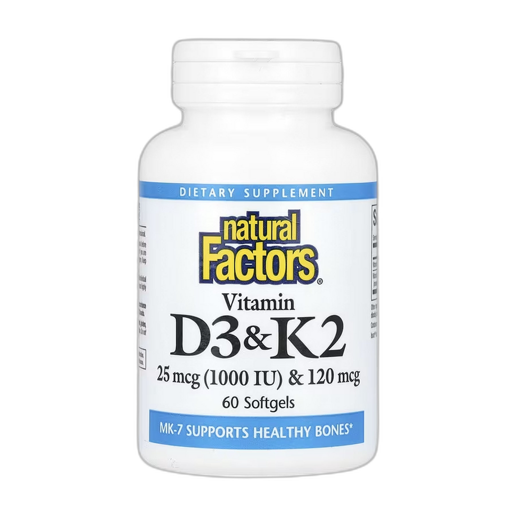 Вітамін D3 та K2 25 мкг (1000 МО) та 120 мкг - 60 капсул - Natural Factors